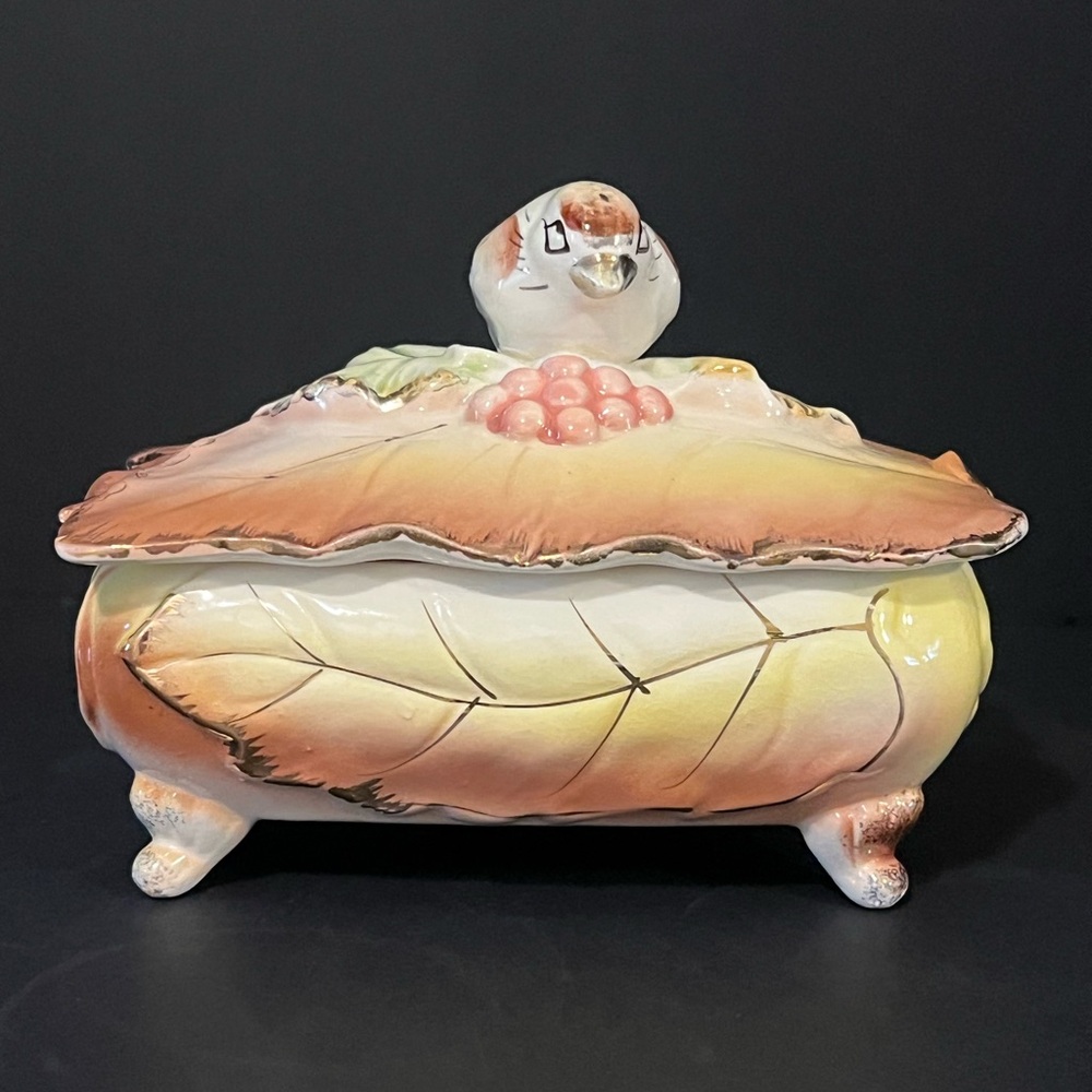 Vintage Lipper & Mann Bird Trinket Box; Footed, Gold Trim; Japan